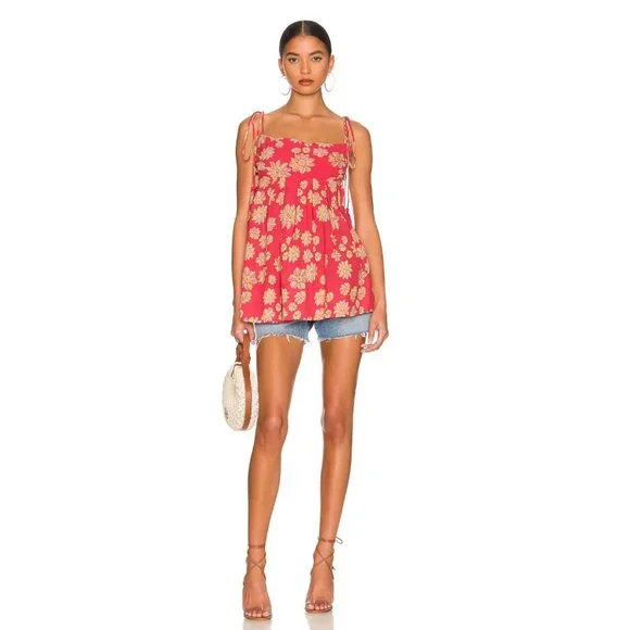 Free People Indigo Molly Tunic Tank Top Blouse Floral Boho Oversized Tie Tassel - Picture 4 of 14